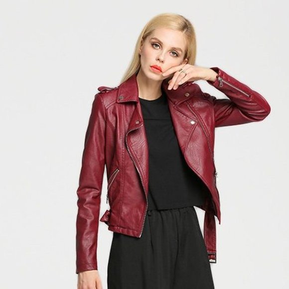Red Moto Jacket - Belted - Urban - Trendy - Elegant - Asymmetric Zip Front - Picture 9 of 10